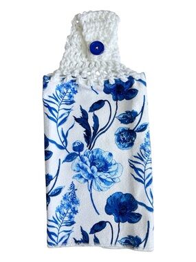 Hand Crafted Blue and White Floral Hanging Kitchen Hand Towel Crochet Top